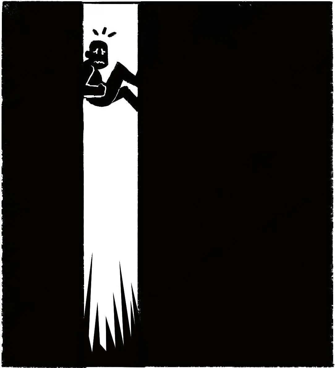 Case verticale : un personnage tombe dans une étroite bande blanche cernée de noir