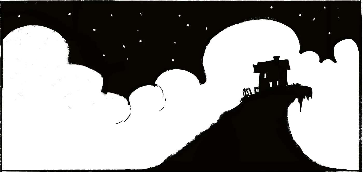 Case en noir et blanc : une maison isolée sur un promontoire, entourée de nuages