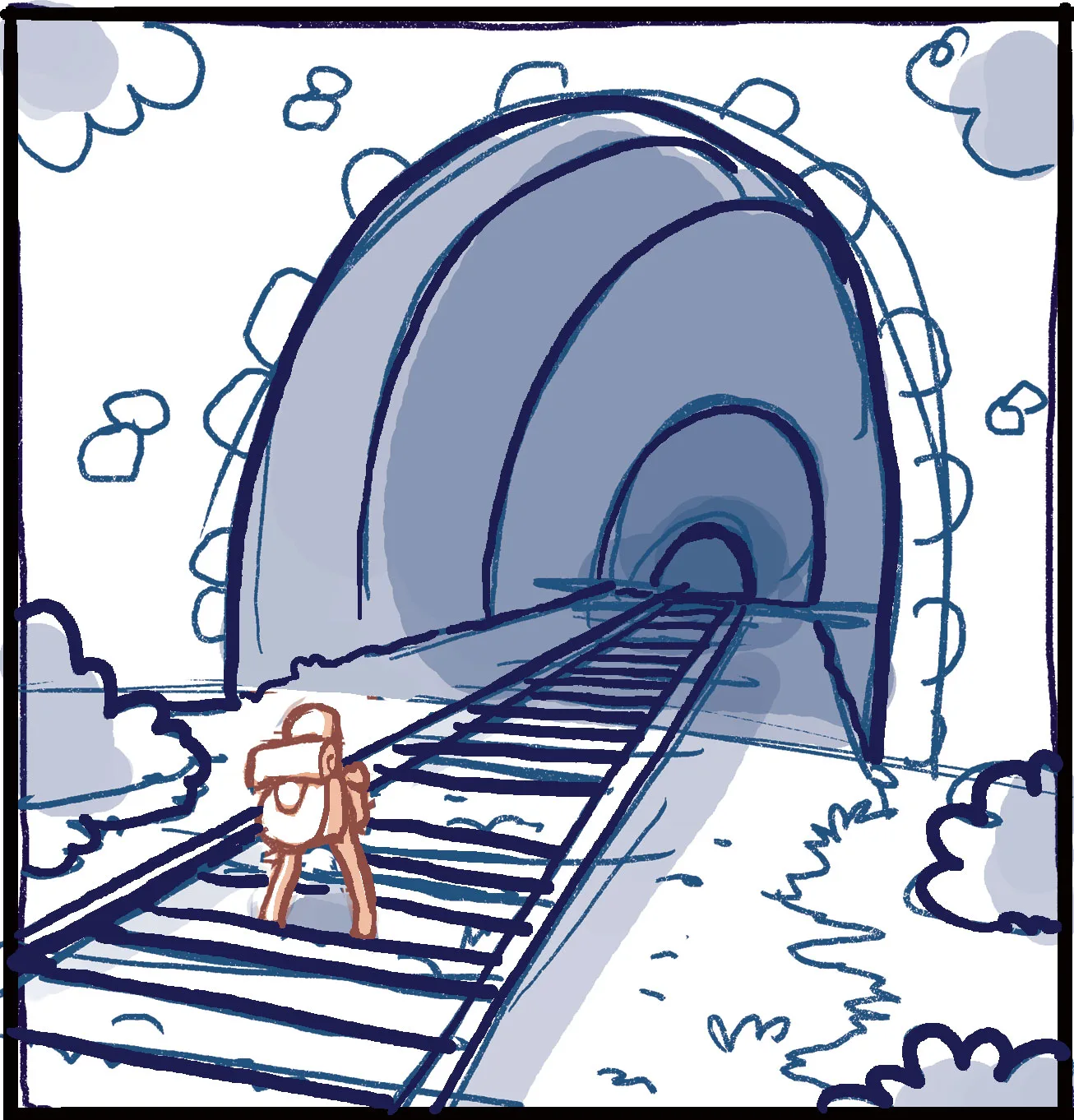 Rough : un homme vu de dos, au loin, devant l'entrée d'un tunnel ferroviaire