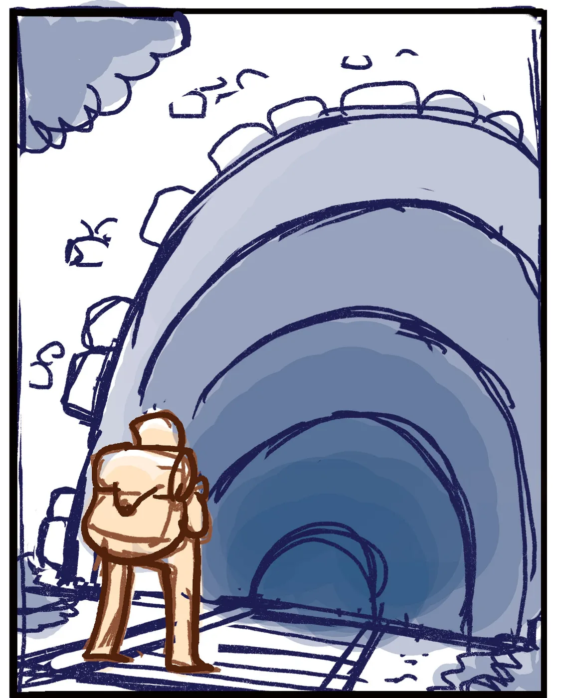 Rough : le personnage au premier plan, le tunnel en légère contre-plongée occupe toute l'image