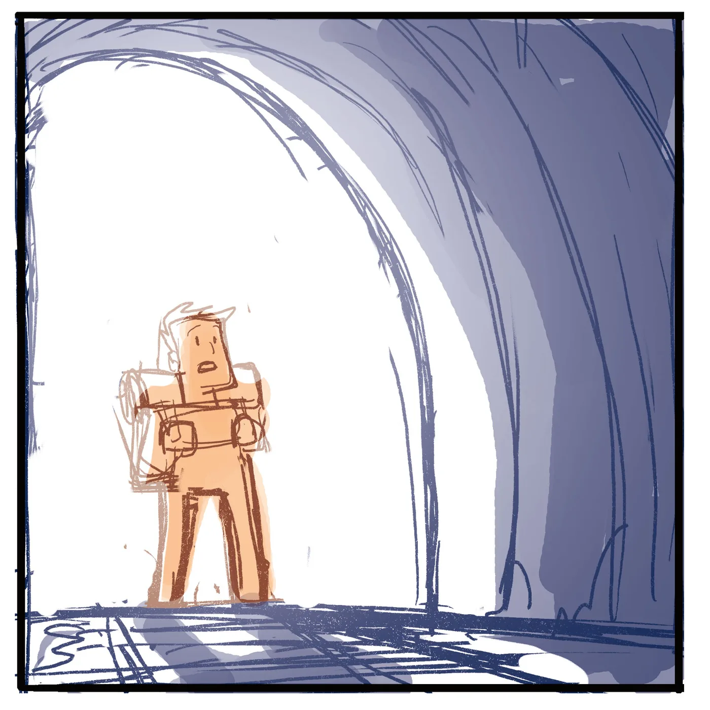 Rough : gros plan sur le personnage à contre-jour, vu depuis le tunnel